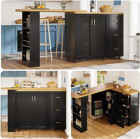 Rozkładany barek kuchenny na kółkach - 135-228 x 39 x 104 cm - z 2 drzwiami + 3 szufladami - MDF + metal - czarny