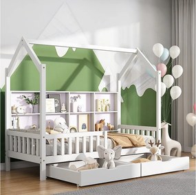 Łóżko piętrowe 90x200 cm - łóżko dziecięce z 2 szufladami i schowkiem - białe - bez materaca