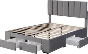 Łóżko 140x200 cm - szary aksamit - łóżko tapicerowane z 4 szufladami i regulowanym zagłówkiem - bez materaca