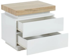 Zestaw 2 szafek nocnych - 2 szuflady - Lakierowana płyta MDF - Z oświetleniem LED - Biały i dąb - HALO II