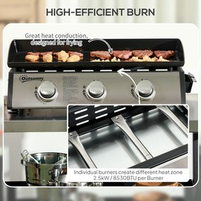 Outsunny Grill gazowy z pokrywą, 3 palniki, tłuszcz zatrzymywany w tacy, płyta z powłoką nieprzywierającą, 63x47x25 cm, Czarny/Srebrny