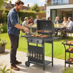 Outsunny Grill gazowy 5 kW, 2 palniki, BBQ Grill ze stali nierdzewnej z bocznymi stolikami, dolną półką, przednią osłoną i emaliowanym rusztem | Aosom PL