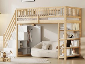 Łóżko mezzanine 90x200 cm - z półkami i drabiną do przechowywania - z litego drewna - naturalne