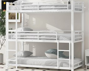 Łóżko piętrowe potrójne - 3x90x200cm - stalowa rama - Biały