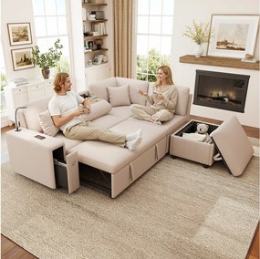 Narożnik rozkładany w kształcie litery L - 213 x 184 x 88 cm - z pufem ze schowkiem + port USB + 2 poduszki - len - beżowy