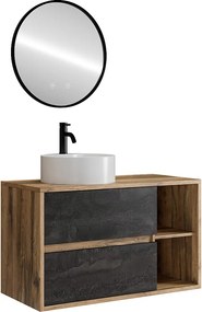 Wisząca szafka łazienkowa z okrągłą umywalką, baterią i lustrem – Kolor naturalny i antracyt – 100 cm – TIKITIKI