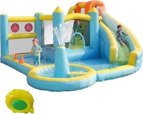 Nadmuchiwany zamek dla dzieci 6-w-1: Plac Zabaw ze Zjeżdżalnią, Trampoliną, Centralną Fontanną i Grą w Rzucanie - Dmuchawa 450W - 430x390x210cm - Wielokolorowy