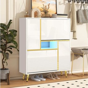 Szafka na buty z frontem błyszczącym - 80 x 25 x 96 cm - diody LED - Płyta wiórowa - Biała