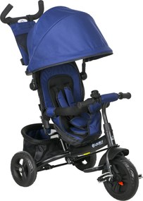 HOMCOM Trójkołowiec dla dzieci, Rower dziecięcy, Koszyk na plecy, Uchwyt na kubek, Daszek przeciwsłoneczny, Metal, Granatowy