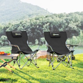 Outsunny Zestaw 2 składanych krzeseł kampingowych z odpinanym podnóżkiem, podgłówkiem i uchwytem na napoje, nośność 120 kg, Czarne