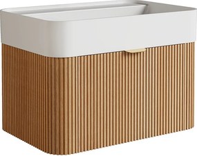 Wisząca szafka łazienkowa z prążkowanego drewna jesionowego z umywalką podblatową do zabudowy z matowej białej żywicy - Jasny naturalny - 60 cm - BULMAS