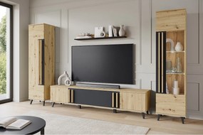 Meblościanka do salonu na nóżkach – zestaw RTV 180 cm, witryna, regał i półka, dąb artisan, czarny mat