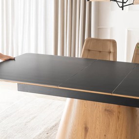 Zestaw Stół Rozkładany Ceramiczny LIZBONA 160-200 cm Czarny/Dąb i 4 Krzesła Tapicerowane RODRI Beżowe Nowoczesne