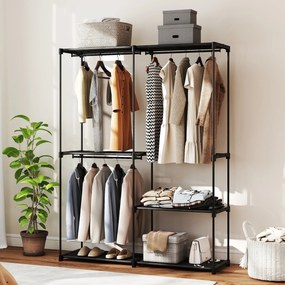 HOMCOM Przenośny stojak na ubrania, metalowy stelaż, półki z włókniny, dużo miejsca, czarny