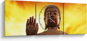 Obraz - Budda z czerwonym i żółtym tłem (z zegarem) (90x30 cm)