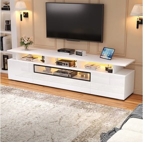 Szafka RTV błyszcząca - 180 x 38 x 45 cm - z 2 drzwiami + 1 szufladą + diody LED - płyta wiórowa - biała