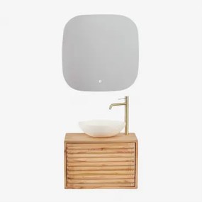 Zestaw Wiszących Mebli Łazienkowych 60x45 Cm Z Drewna Deleyna Naturalna & Cement Okrągły Biały Ø40 Cm Zavion & Kwadratowa Lampa Led I Przeciwmgielna 7