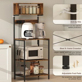 HOMCOM Regał kuchenny, regał stojący z 5 hakami S, 5 półkami, gniazdko, stalowy, Rustykalny brąz, 60 x 42 x 153 cm