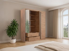 Szafa 3-drzwiowa z 2 szufladami – Z lustrem – Szerokość 203 cm – Kolor: Naturalny i czarny – SIDOVIA