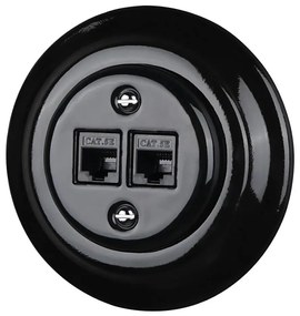 Bohemia-Design - Porcelanowe retro gniazdo Ethernet z ramką, 2x CAT5e, czarne