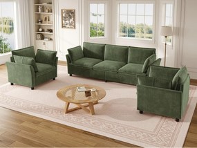 Modułowy zestaw sof 3+1+1 „efekt chmury” z tkaniny szenilowej, sofa 3-osobowa i 2 ergonomiczne fotele, styl nowoczesny - zielony