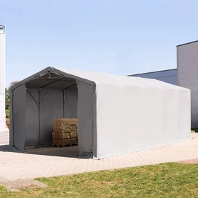 TOOLPORT 5x10m Hala namiotowa - 3,0 m wysokość ścian bocznych z bramą na zamek błyskawiczny, PVC 850, szary, ze statyką (podłoże betonowe) - (94094)