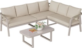 Salon Ogrodowy Narożny 6 Osób - Kanapa w Kształcie L z Wykończeniem z Plecionego Sznurka - Stolik Kawowy ze Szkła Hartowanego - Wytrzymała Stal Ocynkowana - Beżowy