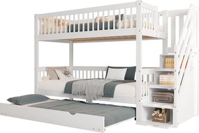 Łóżko piętrowe 90x200 cm z łóżkiem wysuwanym 90x190 cm - z drewna sosnowego - z drabinką i barierką - Białe