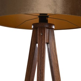 Lampa podłogowa na trójnogu z drewna orzechowego z abażurem z aksamitu w kolorze brązu, 50 cm - Tripod Classic klasyczny/Antyczny Oswietlenie wewnetrzne