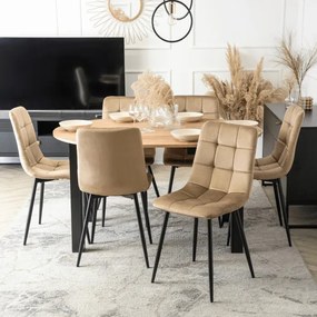 Zestaw Stół Okrągły Rozkładany HARRY 102-142 cm Dąb Craft/Czarny i 6 Krzeseł PERU Beżowych Welurowych Nowoczesnych