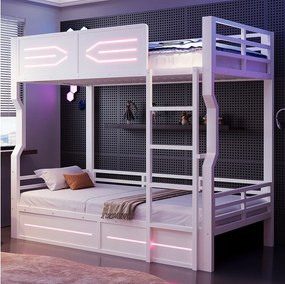 Łóżko piętrowe 90 x 200 cm - z oświetleniem LED - z barierkami bezpieczeństwa - z drabiną - Biały (materac nie jest wliczony w cenę)