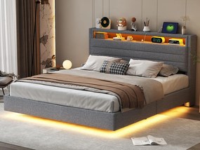 Łóżko z tapicerowanym zagłówkiem z lnu 160x200 cm - z gniazdem USB i LED - Szare