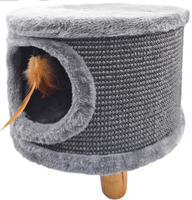 Solidny drapak dla kota, mały 38cm, szary z piórkiem i legowiskiem Cabin II