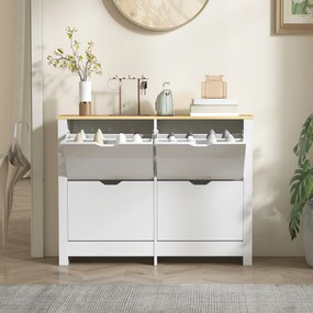 HOMCOM Wąska szafka na buty z 4 uchylnymi przegrodami, na 8–16 par butów, 105 x 26 x 80 cm, biały + naturalny | Aosom PL
