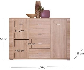 Komoda Dwudrzwiowa z Szufladami Drewniana do Salonu COREA 140 cm Dąb Sonoma Nowoczesna