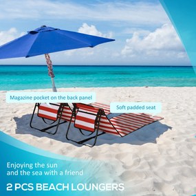 Outsunny Leżak plażowy, składany, regulowane oparcie, kieszeń na boku, miękka poduszka, stalowa rama, Czerwony, 142x51x40cm