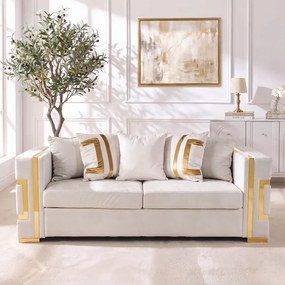 Sofa PALLAZO 3S Trzyosobowa Kremowo/Złota Welurowa Glamour