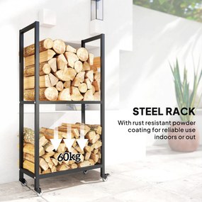 Outsunny Regał na drewno kominkowe do wnętrz Stal 60 x 30 x 119cm 2 poziomy z kółkami Czarny