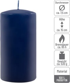 Niebieskie świece filarowe 4 szt. 15x7,5 cm bez zapachu