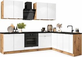 Komplet Narożnych Biały Mebli Kuchennych 260 Cm 9 Sztuk + Dąb Artisan D8-S72