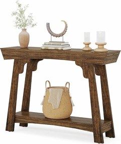 105 cm stolik konsolowy ze schowkiem, 2-poziomowy drewniany stolik konsolowy z półką, wąski, rustykalny, stolik za sofą do salonu, rustykalny brąz