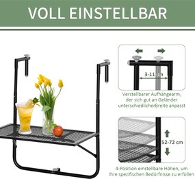 Składany stolik balkonowy Outsunny, regulowany na 4 poziomach, z metalu, odporny na warunki atmosferyczne, 60x40 cm, czarny