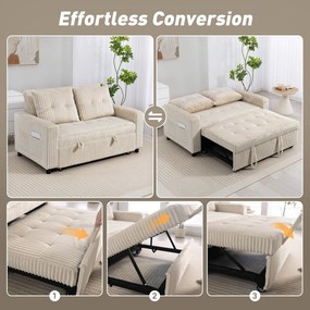 HOMCOM Sofa 2-osobowa z funkcją spania, sztruks, rozkładana, 2 poduszki, kieszenie boczne, 157 x 190 cm, Cremeweiß