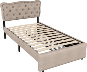 Łóżko 90x200 cm - ciemnobeżowy len - łóżko dziecięce z regulowanym zagłówkiem i 2 szufladami - bez materaca