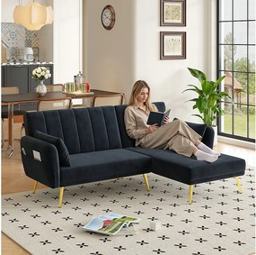 Sofa 3-osobowa rozkładana - 191,5 x 130 x 80 cm - narożnik z funkcją spania - welur - czarny