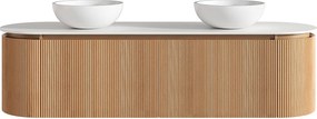 Wisząca ryflowana szafka łazienkowa z dwiema okrągłymi nablatowymi umywalkami z solid surface – jasny naturalny – szer. 180 cm – LILIKO