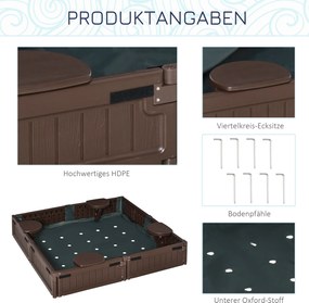 Outsunny Piaskownica z siedzeniami dla 4 osób, z podkładką i pokrowcem, dla dzieci w wieku od 3 do 12 lat, HDPE, 123 x 123 x 21 cm, brązowa