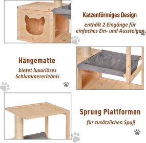 PawHut wielofunkcyjny domek dla kota z drapakiem hamakiem i słupkiem sizalowym drewno jodłowe naturalne | Aosom PL