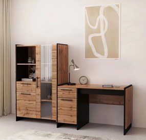 Biurko z szufladą i szafką dąb wotan + czarny T3-A61