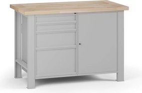 Stół warsztatowy G7, blat bukowy, 1200 x 685 x 840 mm, 1x szafka, 4x szuflada, szary